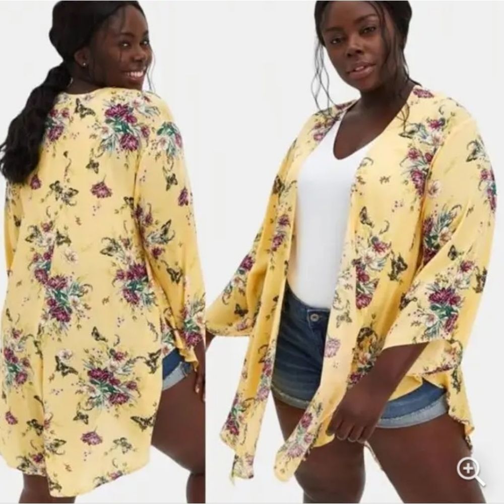 TORRID 2X Yellow &βPink Floral Georgette Shirttail Kimono Duster - Picture 3 of 15